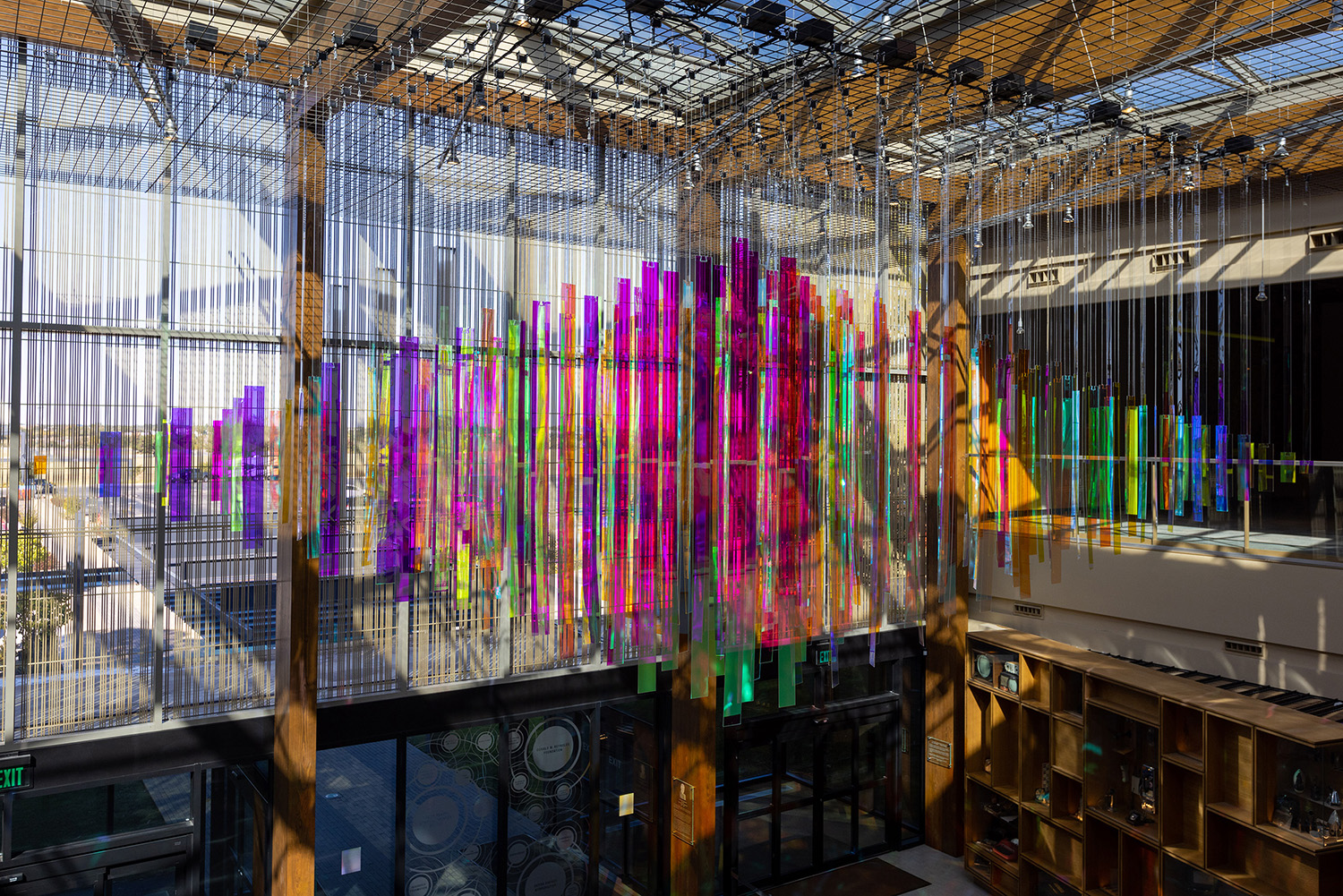 Dichroic Waves suspended kinetic light sculpture at Science Museum Oklahoma.