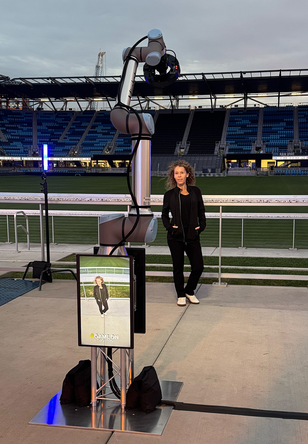 Mirabot robotic camera system set up for a private event at a stadium.