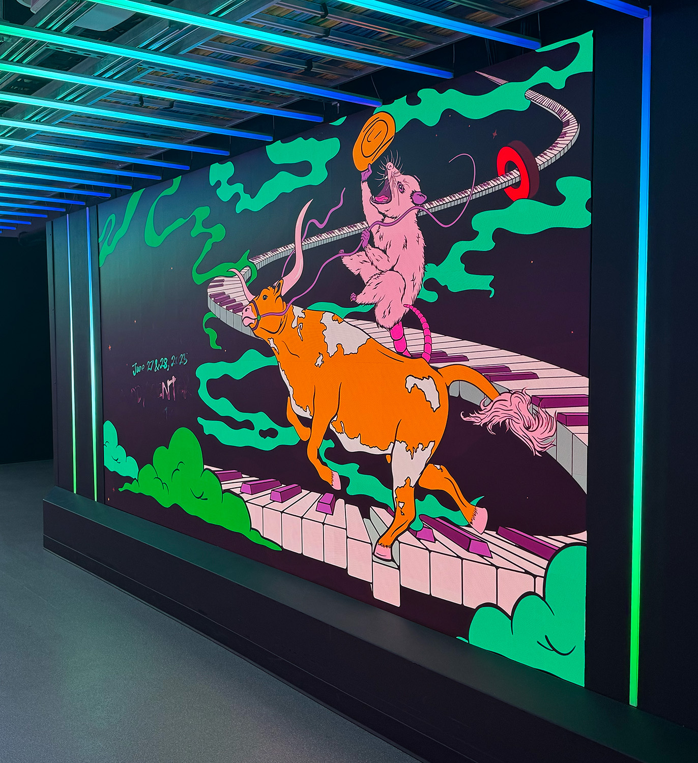 Large flush-mounted LED video wall in a backstage hallway at Moody Center.