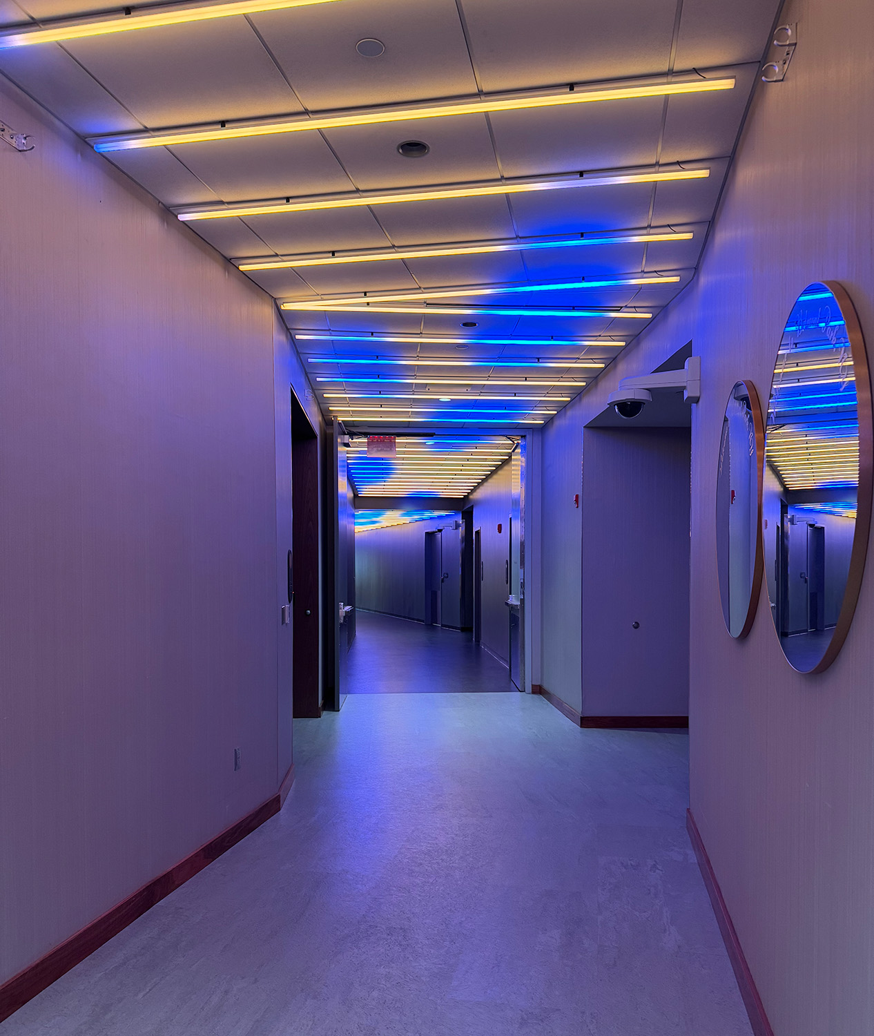Custom architectural light installation in a corridor at UBS Arena.